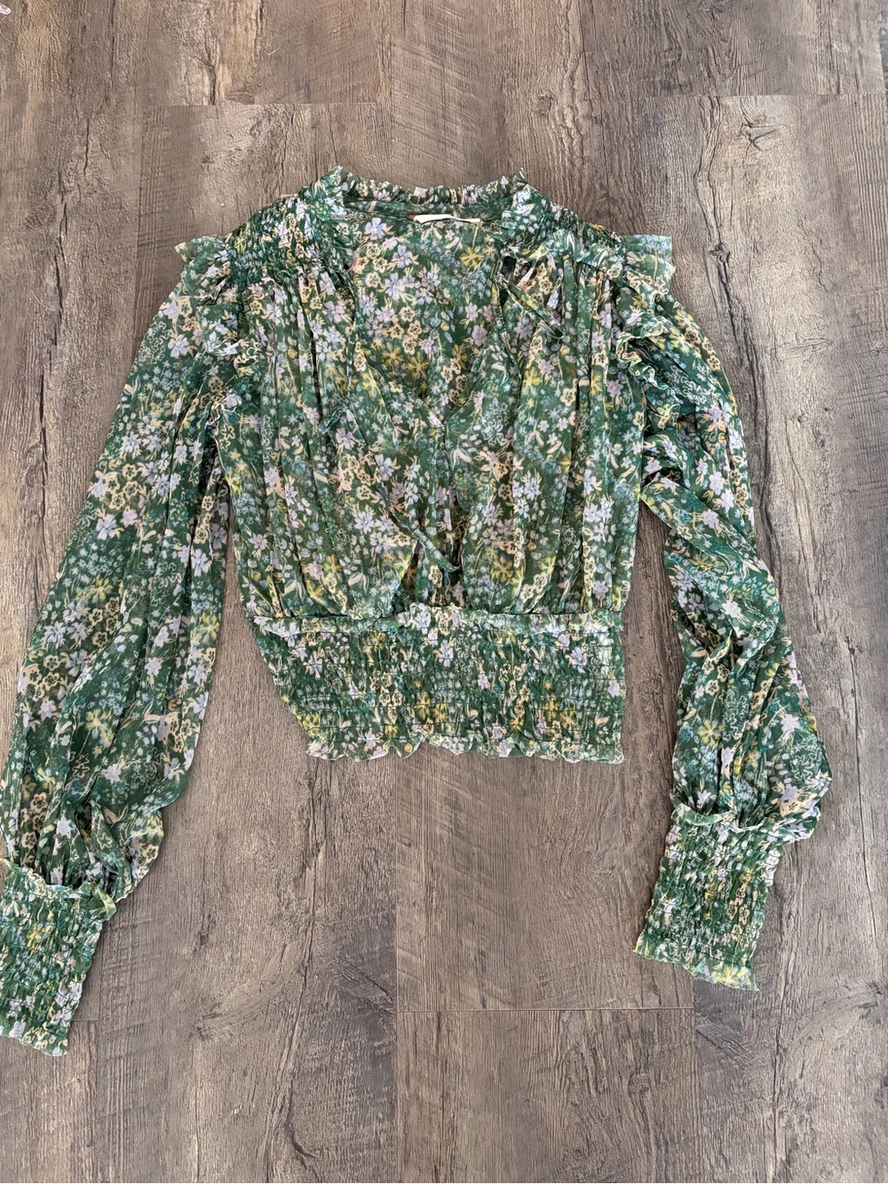 Free People Green Floral Smocked-Waist Wrap Blouse